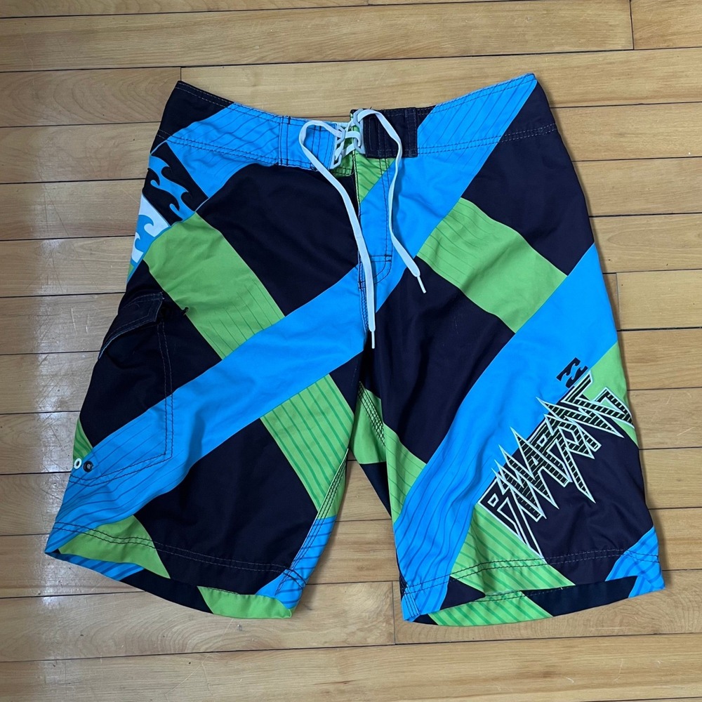 Vtg Billabong Parko Signature Series Boardshorts Blue Green Geometric Mens Sz 33